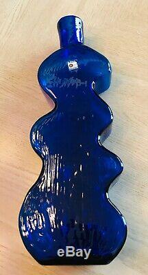 Blenko Glass Large Big Vase Bottle 1980's Abstract W Sticker Mint Cobalt Blue