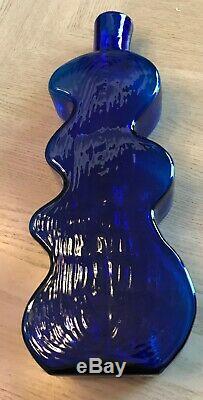 Blenko Glass Large Big Vase Bottle 1980's Abstract W Sticker Mint Cobalt Blue