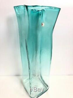 Blenko Glass Turquoise Paper Bag Floor Vase Large MCM 21.5 Tall WithSticker