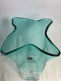 Blenko Glass Turquoise Paper Bag Floor Vase Large MCM 21.5 Tall WithSticker