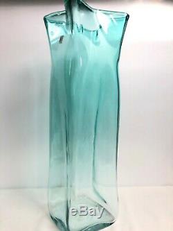 Blenko Glass Turquoise Paper Bag Floor Vase Large MCM 21.5 Tall WithSticker