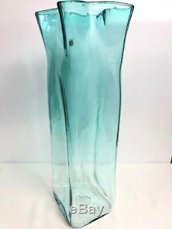 Blenko Glass Turquoise Paper Bag Floor Vase Large MCM 21.5 Tall WithSticker