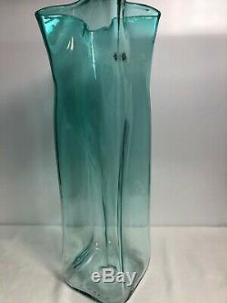 Blenko Glass Turquoise Paper Bag Floor Vase Large MCM 21.5 Tall WithSticker