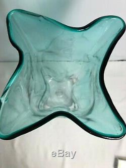 Blenko Glass Turquoise Paper Bag Floor Vase Large MCM 21.5 Tall WithSticker