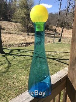 Blenko Glass Turquoise Vase with Yellow Ball Stopper