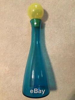 Blenko Glass Turquoise Vase with Yellow Ball Stopper