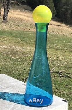 Blenko Glass Turquoise Vase with Yellow Ball Stopper