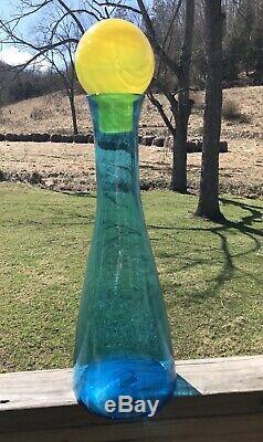 Blenko Glass Turquoise Vase with Yellow Ball Stopper