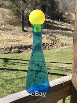 Blenko Glass Turquoise Vase with Yellow Ball Stopper