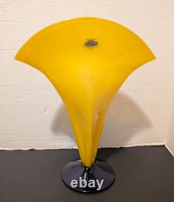 Blenko Glass Vase Fan Shape Signed Labeled Richard Blenko 2000 Yellow Blue 12 T