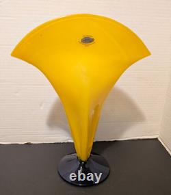 Blenko Glass Vase Fan Shape Signed Labeled Richard Blenko 2000 Yellow Blue 12 T