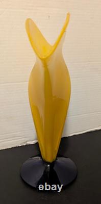 Blenko Glass Vase Fan Shape Signed Labeled Richard Blenko 2000 Yellow Blue 12 T