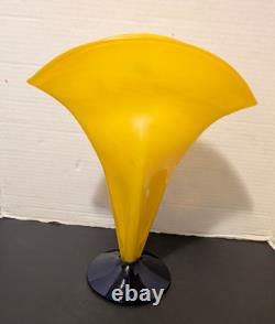 Blenko Glass Vase Fan Shape Signed Labeled Richard Blenko 2000 Yellow Blue 12 T
