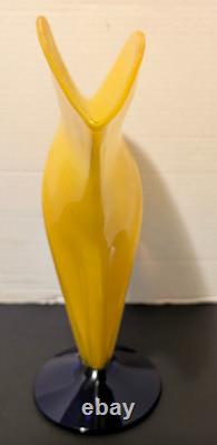 Blenko Glass Vase Fan Shape Signed Labeled Richard Blenko 2000 Yellow Blue 12 T