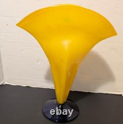 Blenko Glass Vase Fan Shape Signed Labeled Richard Blenko 2000 Yellow Blue 12 T