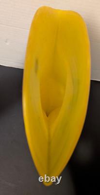 Blenko Glass Vase Fan Shape Signed Labeled Richard Blenko 2000 Yellow Blue 12 T