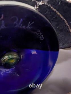 Blenko Glass Vase Fan Shape Signed Labeled Richard Blenko 2000 Yellow Blue 12 T