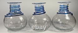 Blenko Glass Vase Set Blue Spiral Clear Crackle Flower Vintage Handmade 7in