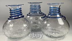 Blenko Glass Vase Set Blue Spiral Clear Crackle Flower Vintage Handmade 7in