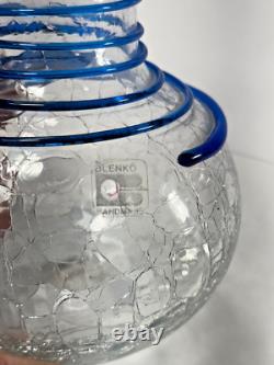 Blenko Glass Vase Set Blue Spiral Clear Crackle Flower Vintage Handmade 7in