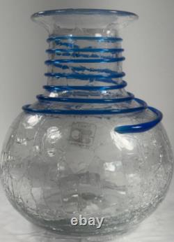 Blenko Glass Vase Set Blue Spiral Clear Crackle Flower Vintage Handmade 7in