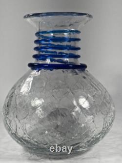 Blenko Glass Vase Set Blue Spiral Clear Crackle Flower Vintage Handmade 7in