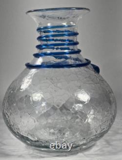 Blenko Glass Vase Set Blue Spiral Clear Crackle Flower Vintage Handmade 7in