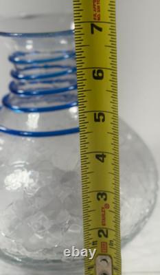 Blenko Glass Vase Set Blue Spiral Clear Crackle Flower Vintage Handmade 7in