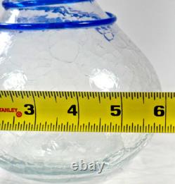 Blenko Glass Vase Set Blue Spiral Clear Crackle Flower Vintage Handmade 7in