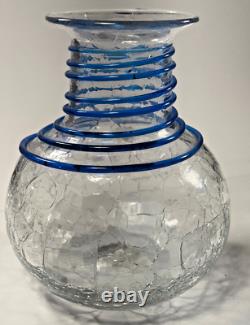 Blenko Glass Vase Set Blue Spiral Clear Crackle Flower Vintage Handmade 7in