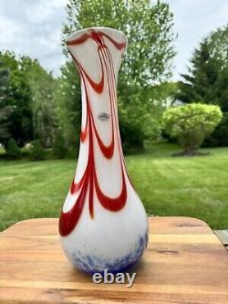 Blenko Hand Blown Art Glass Vase 14.5 Red And Blue Swirl On White LTD Edition