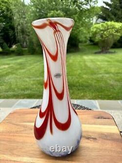 Blenko Hand Blown Art Glass Vase 14.5 Red And Blue Swirl On White LTD Edition