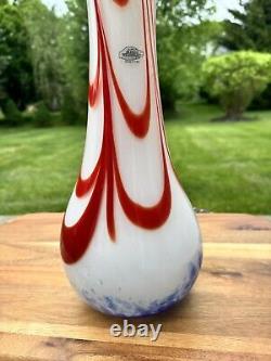 Blenko Hand Blown Art Glass Vase 14.5 Red And Blue Swirl On White LTD Edition