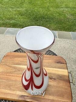 Blenko Hand Blown Art Glass Vase 14.5 Red And Blue Swirl On White LTD Edition