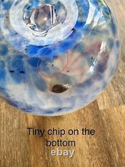 Blenko Hand Blown Art Glass Vase 14.5 Red And Blue Swirl On White LTD Edition