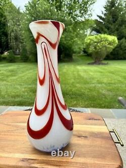 Blenko Hand Blown Art Glass Vase 14.5 Red And Blue Swirl On White LTD Edition