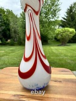 Blenko Hand Blown Art Glass Vase 14.5 Red And Blue Swirl On White LTD Edition