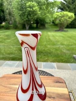 Blenko Hand Blown Art Glass Vase 14.5 Red And Blue Swirl On White LTD Edition