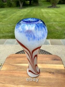 Blenko Hand Blown Art Glass Vase 14.5 Red And Blue Swirl On White LTD Edition