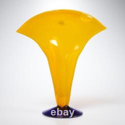 Blenko Hand Blown Art Glass Vase Yellow Cobalt Blue Pontil Mark 13.25h