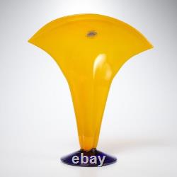 Blenko Hand Blown Art Glass Vase Yellow Cobalt Blue Pontil Mark 13.25h