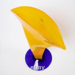 Blenko Hand Blown Art Glass Vase Yellow Cobalt Blue Pontil Mark 13.25h
