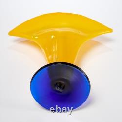 Blenko Hand Blown Art Glass Vase Yellow Cobalt Blue Pontil Mark 13.25h