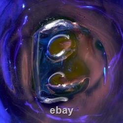Blenko Hand Blown Art Glass Vase Yellow Cobalt Blue Pontil Mark 13.25h