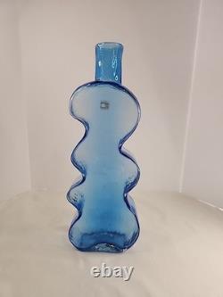 Blenko Hand Blown Glass Vase Blue Puzzle Piece 16 VINTAGE 8904