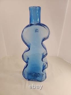 Blenko Hand Blown Glass Vase Blue Puzzle Piece 16 VINTAGE 8904
