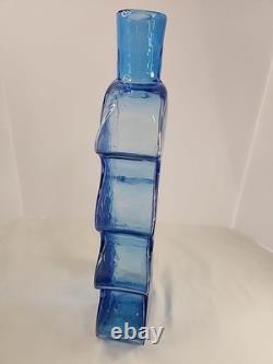 Blenko Hand Blown Glass Vase Blue Puzzle Piece 16 VINTAGE 8904