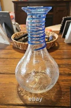 Blenko Handcraft Crackle Glass Decanter Vase Cobalt Blue Coil Wrap Vintage USA