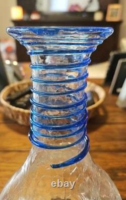 Blenko Handcraft Crackle Glass Decanter Vase Cobalt Blue Coil Wrap Vintage USA