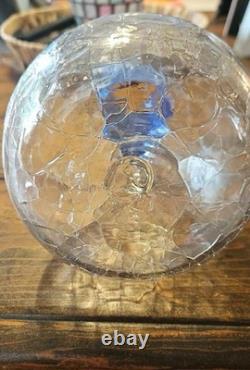 Blenko Handcraft Crackle Glass Decanter Vase Cobalt Blue Coil Wrap Vintage USA